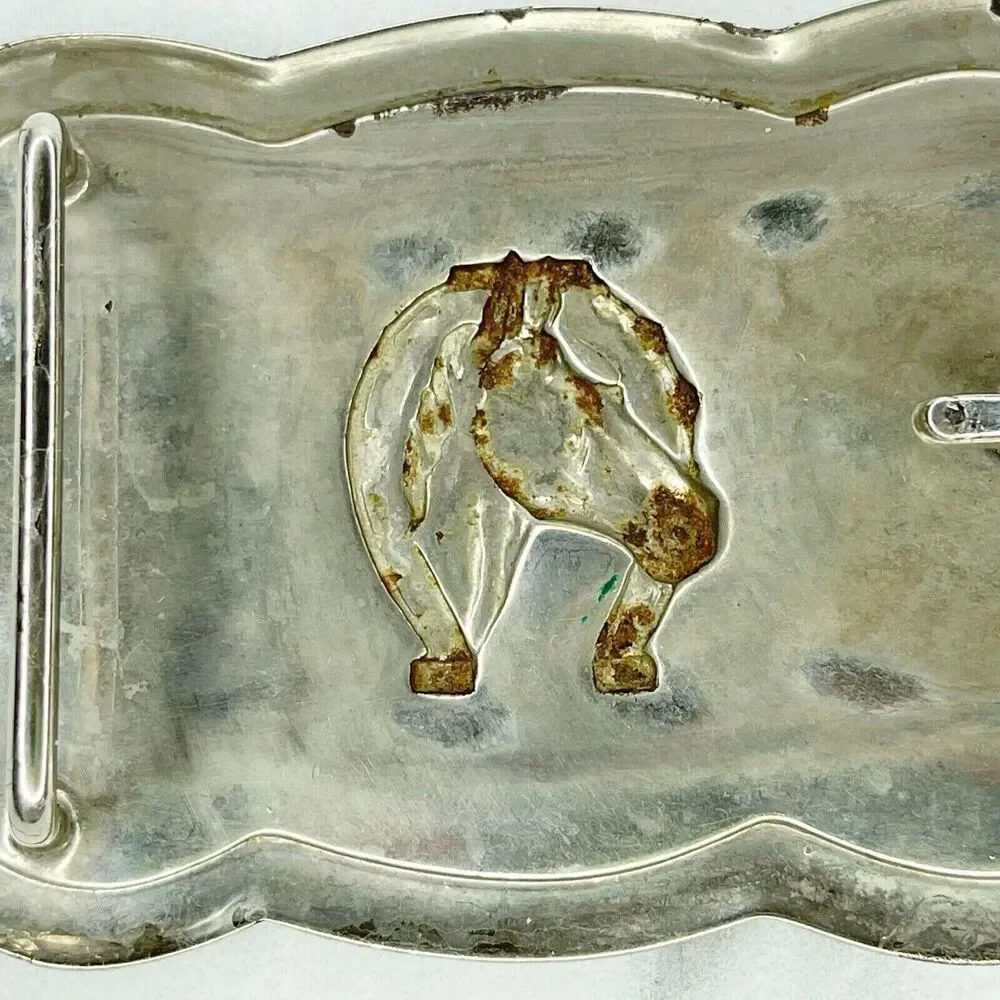 Vintage Silver Tone Horse Head Horseshoe Western Belt Buckle Equestrian ✨